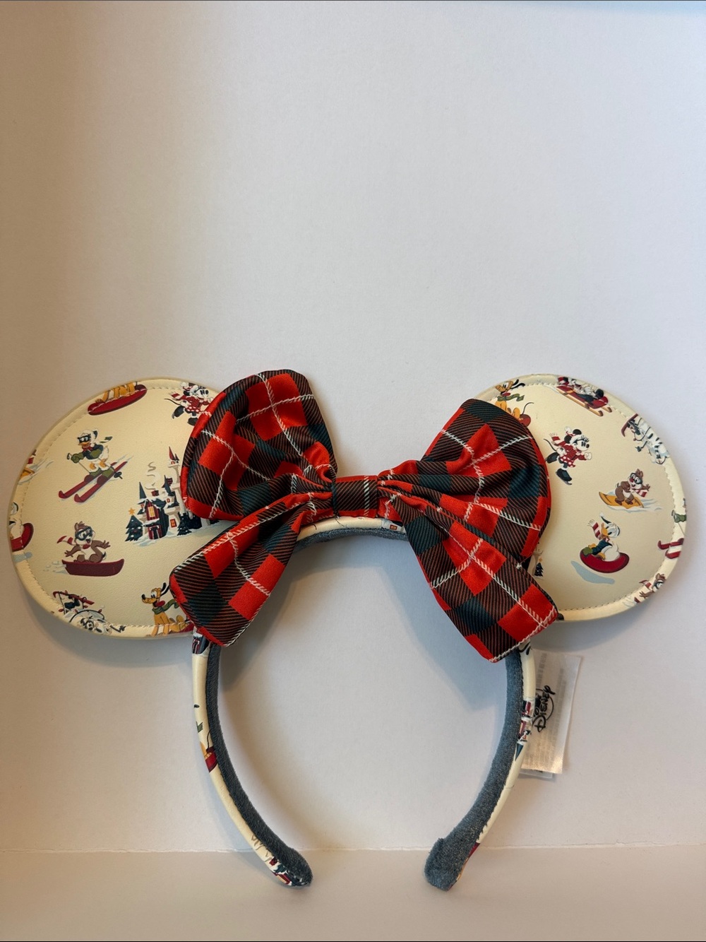 Disney Cream Ears Headband with Christmas Red Plaid Bow